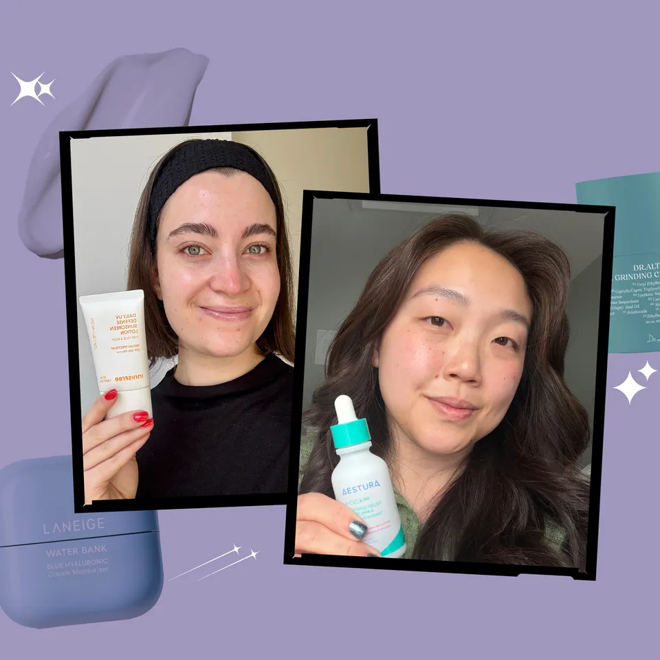 Two smiling women appear in overlapping photo frames, each holding a skincare product against a lavender collage background with decorative sparkles and bottle images in the corners.