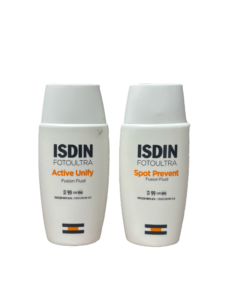 Two white ISDIN Fotoultra sunscreen bottles, Active Unify and Spot Prevent, standing side by side against a black background.