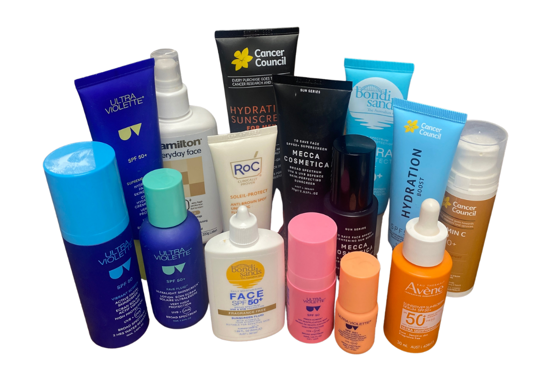 Lineup of Australian sunscreens with BEMT